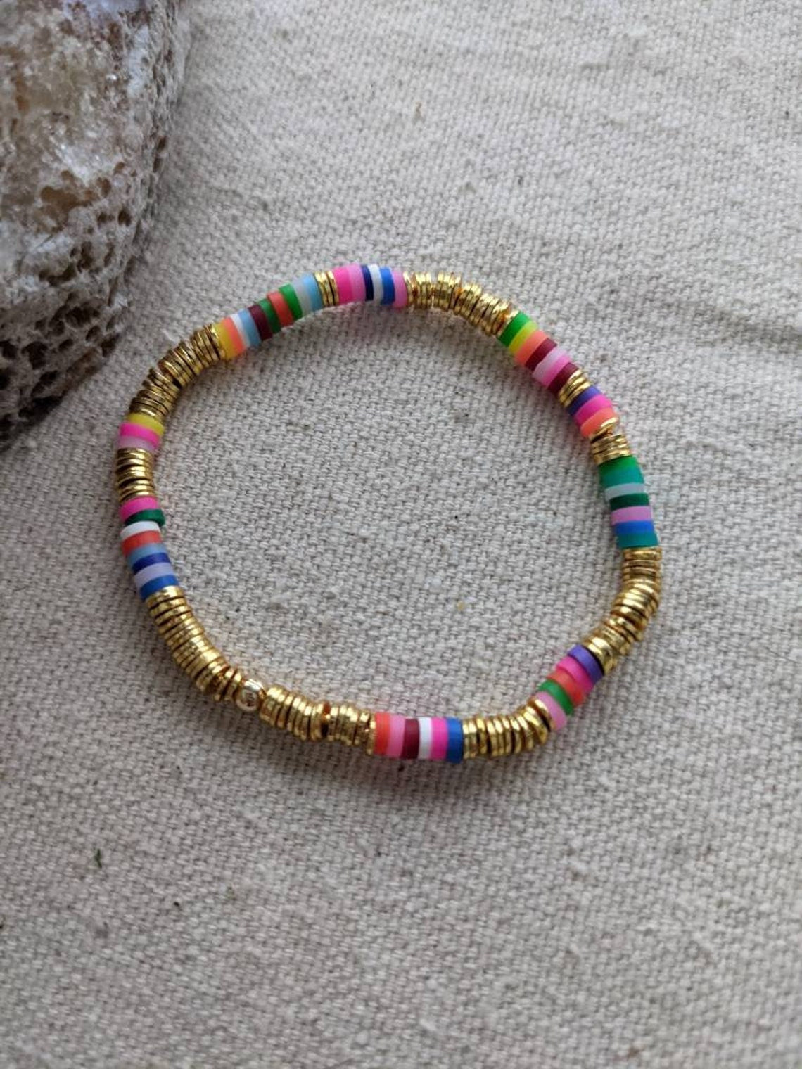 Multi Heishi Clay Bracelet // 4mm // Gold Disc Accents