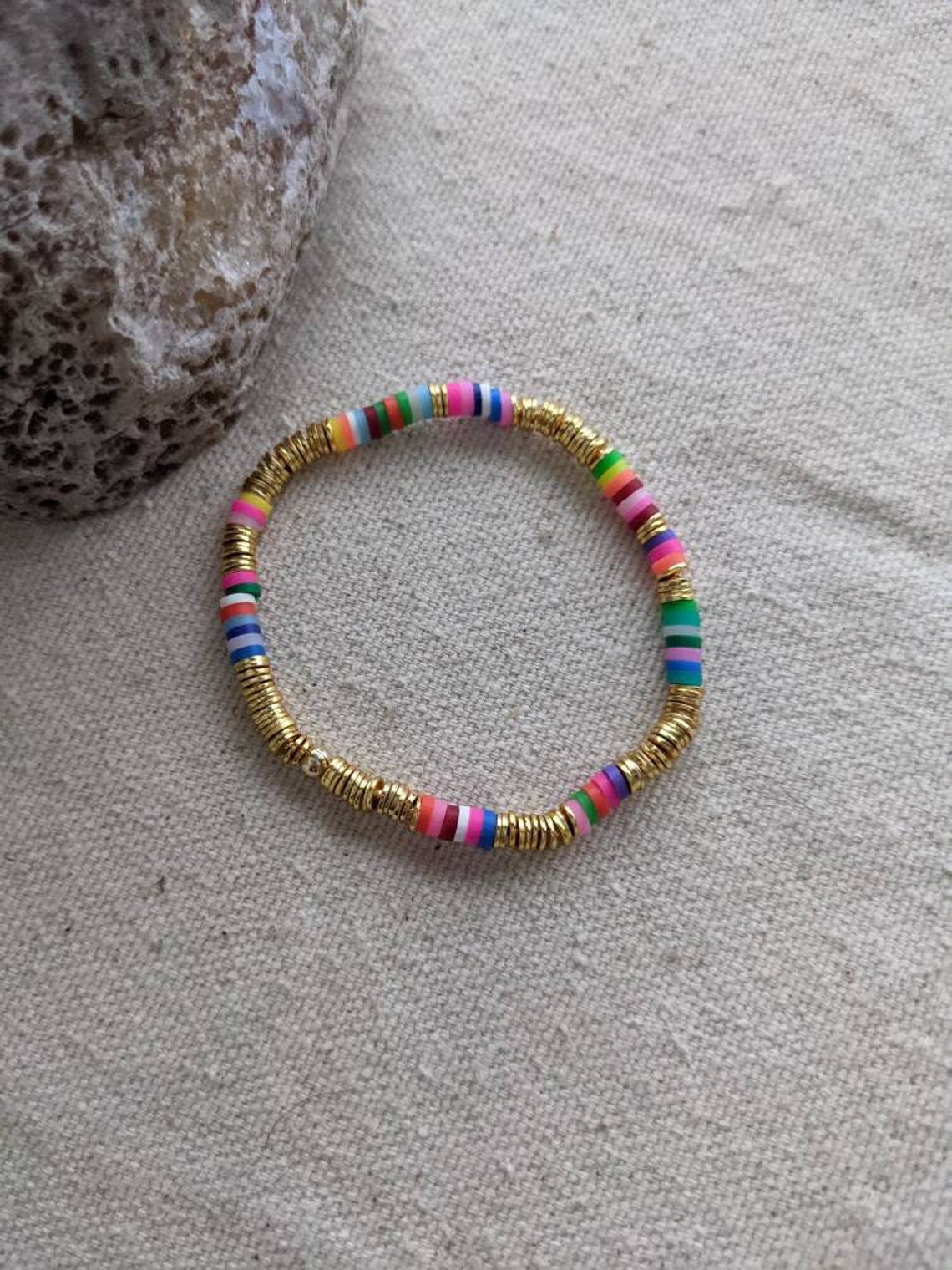 Multi Heishi Clay Bracelet // 4mm // Gold Disc Accents