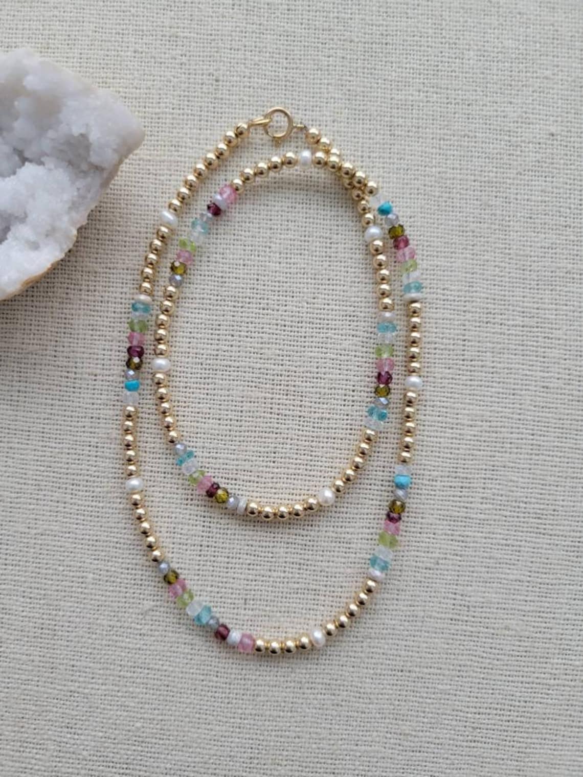 Multi Gem Necklace // 3mm // 14k Gold Filled // Pearl