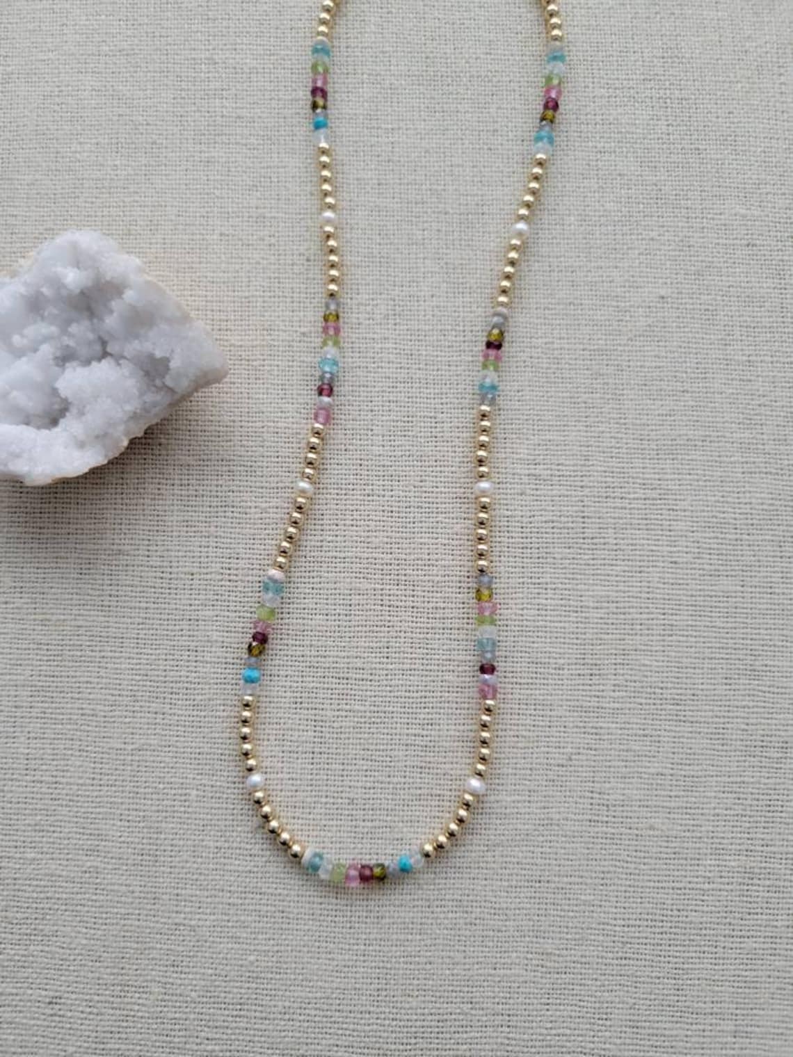 Multi Gem Necklace // 3mm // 14k Gold Filled // Pearl