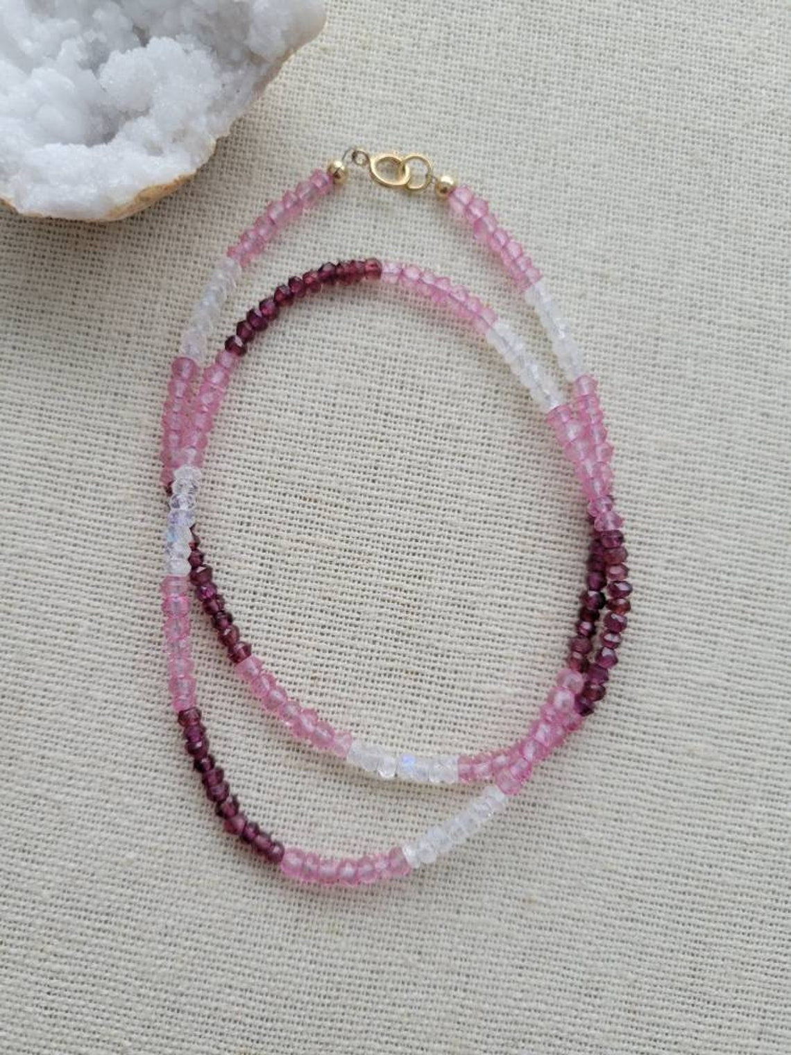 Multi Gem Necklace // Pink Topaz // Garnet // Moonstone // 3mm // 14k Gold Filled