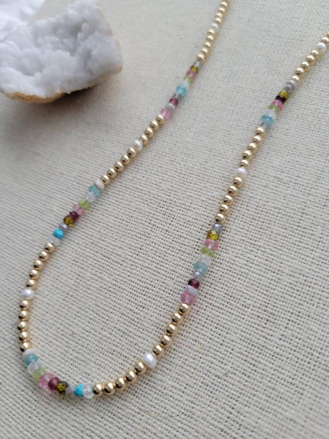 Multi Gem Necklace // 3mm // 14k Gold Filled // Pearl